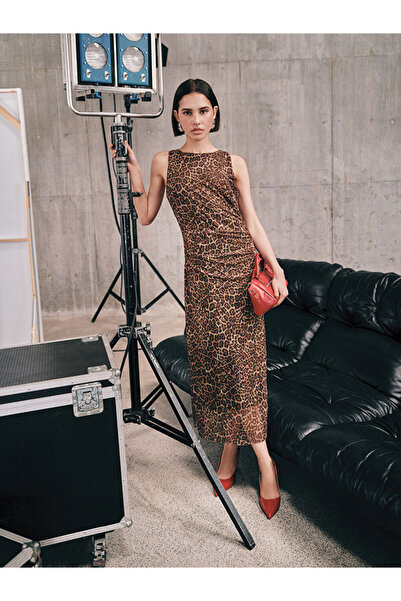 LC Waikiki Lcw Vision Brown Crew Neck Leopard Print Dress