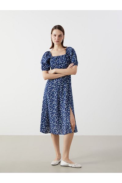 LC Waikiki Lcw Comfort Square Neck Floral Balloon Sleeve Dress for Women