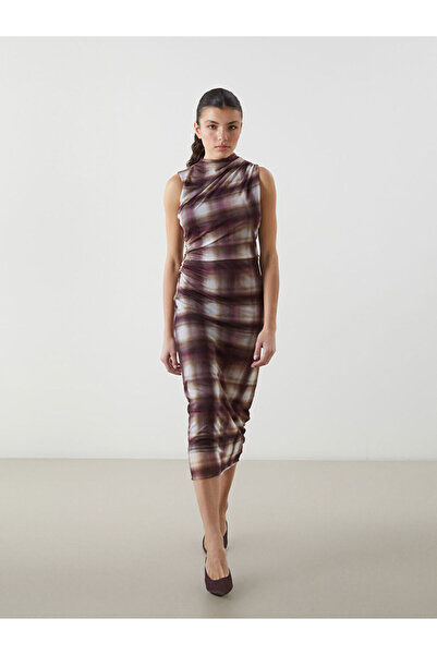 LC Waikiki Brown Stand Collar Plaid Women's Dress
