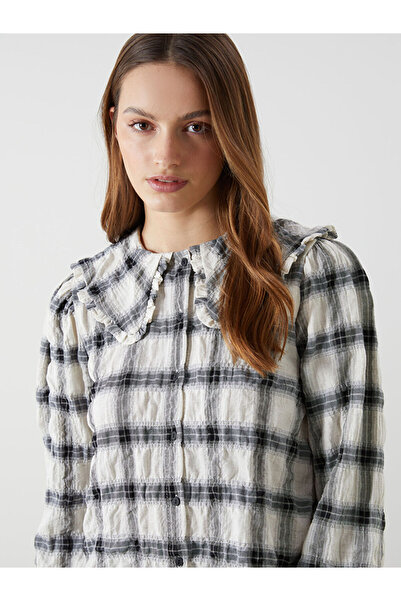 LC Waikiki Μαύρο γυναικείο πουκάμισο Beb στρογγυλός γιακάς o Καρό t Λινό ρισί...