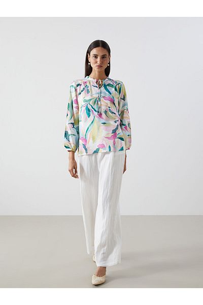LC Waikiki Pink Tie Collar Floral Women's Blouse