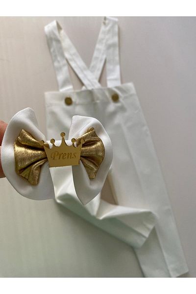 tubibebe Cream & Gold Salopet - Prince Bow Tie Set