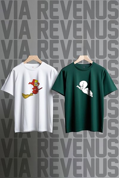 Vordevia Cute Ghost Casper and Wendy Printed Wide Fit Crew Neck Lover Combination Tshirt