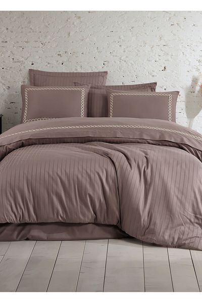 Dantela Set cuvertură de pilota din satin de bumbac brodat de culoare maro deschis