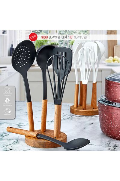 DEMPA Kitchen Service Set Wooden Stand Ladle Colander Beater Spatula Serving Spoon 6 Pieces