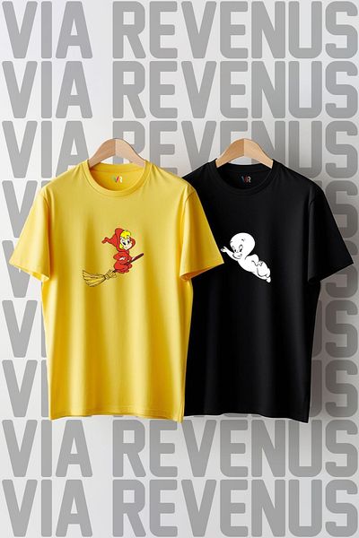 Vordevia Cute Ghost Casper and Wendy Printed Wide Fit Crew Neck Lover Combination Tshirt