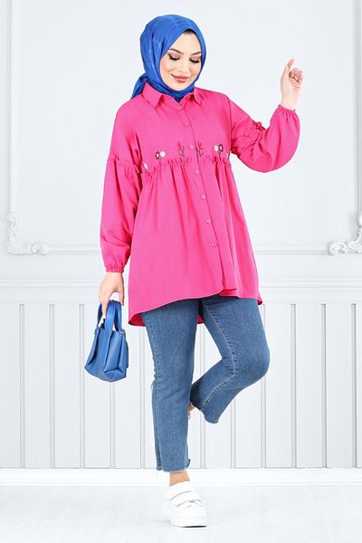 ModaMerve Fuchsia Embroidery Detail Tuniki 4060Asn936-M