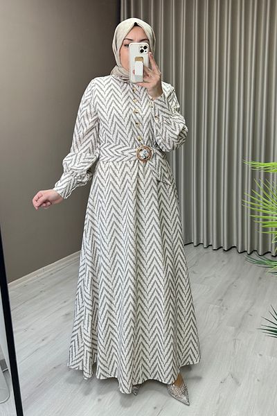 T Moda Store Zigzag Patterned Linen Fabric Full Length Hijab Dress