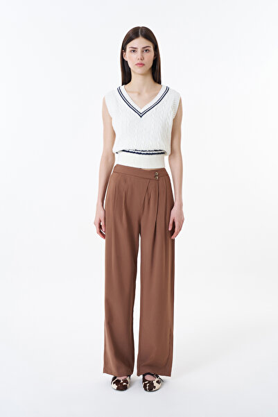 Quzu Brown Palazzo Trousers - Button Waist Detail