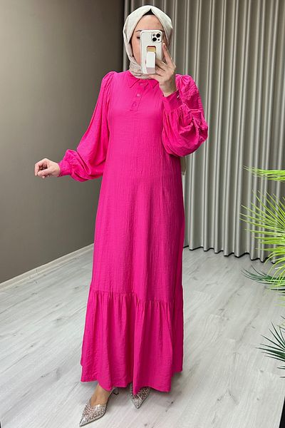 T Moda Store Shirt Collar Balloon Sleeve Detailed Hijab Full Length Dress