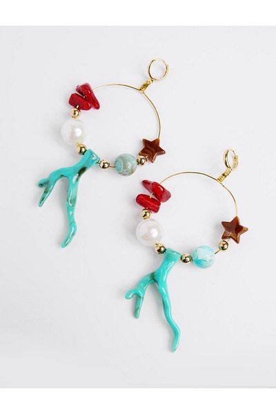 Jimmy Key Blue Asymmetrical Figured Pearl Detailed Hoop Earrings
