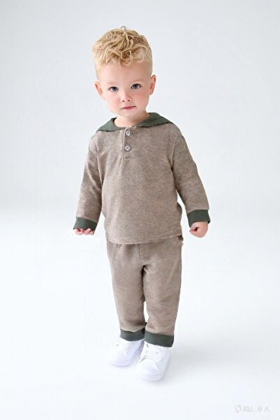 LUESS Erkek Çocuk Kapüşonlu Düğme Detaylı Mevsimlik Alt Üst Takım -Bej (3-4 Y...