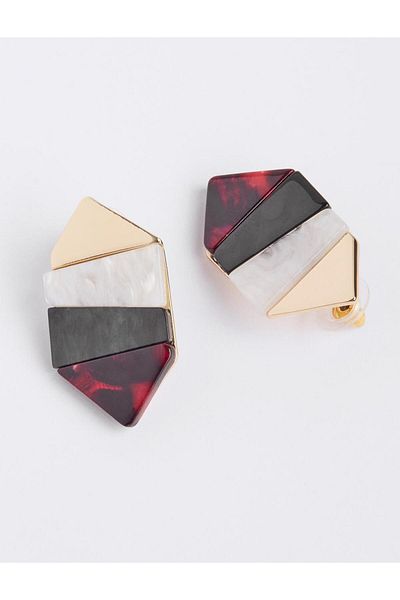 Jimmy Key Burgundy Color Block Asymmetric Pattern Earrings