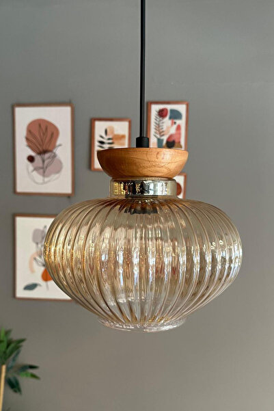 Bamyum Ruiz Cam Bal Rengi Tekli Avize Ahşap Tabak Başlık Retro Sarkıt Lamba Restoran Salon Aydınlatma