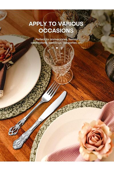 COOYA 5PCS Silverware Set, Gorgeous Retro, Stainless Steel, Home and Restaurant, Mirror Polished