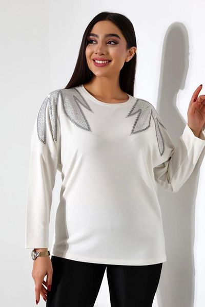 Bİ.GİYSEN Crew Neck Shoulders Leaf Crystal Stone Look Lycra Buluz