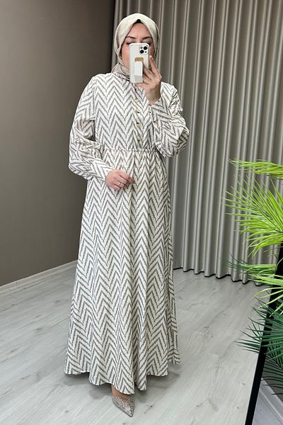 T Moda Store Zigzag Patterned Linen Fabric Full Length Hijab Dress