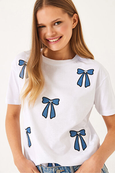 Bianco Lucci Γυναικείο κοντομάνικο μπλουζάκι με κεντητό φιόγκο με χάντρες 60602013