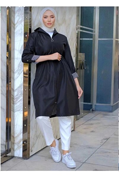 kaes giyim Kadin Kisa Tesettur Trenckot Buyuk Beden Fermuarlı Trenc