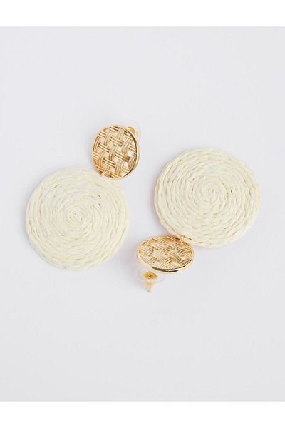 Jimmy Key Ecru Wicker Detailed Round Earrings