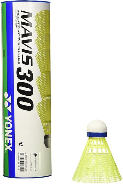 YONEX ريشة مافيس 300 المصنوعة من النايلون | صفراء | عبوة من 6 قطع | غطاء أزرق | طيران يشبه الريش | متينة