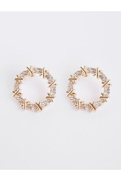 Jimmy Key Gold Color Shiny Stone Detailed Round Earrings