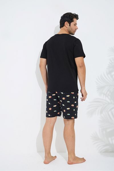Siyah İnci Black Patterned Cotton Crew Neck Printed Knitted Shorts Set