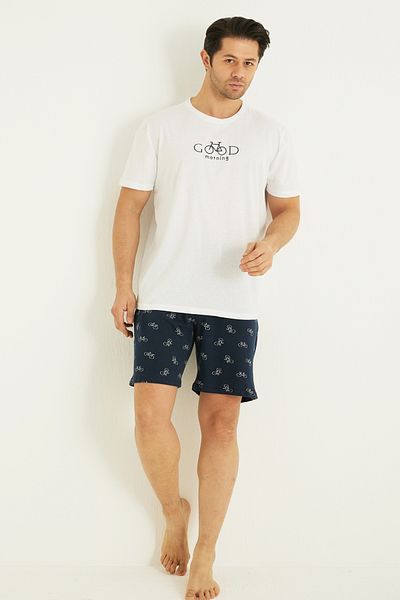 Siyah İnci Ecru Patterned Cotton Crew Neck Embroidered Knitted Shorts Set