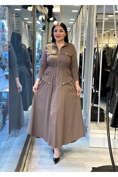 mardi exclusive Γυναικείο Μακρύ Βαμβακερό Φόρεμα Plus Size Καφέ