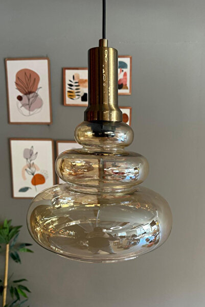 Bamyum Lily Cam Bal Rengi Tekli Avize Eskitme Fener Başlık Retro Sarkıt Lamba Restoran Salon Aydınlatma