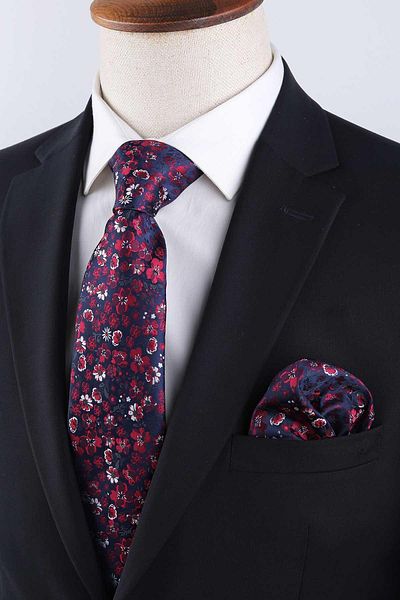 Kravatkolik Navy Blue Flower Pattern Classic Tie with Handkerchief Kk13136