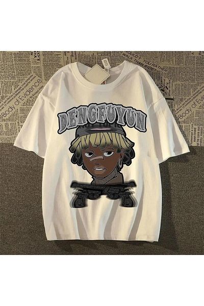 Touz Moda Tricou supradimensionat cu imprimeu hip hop Dengfuyun alb