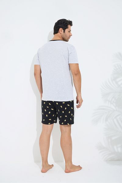 Siyah İnci Gray Patterned Cotton Crew Neck Printed Knitted Shorts Set