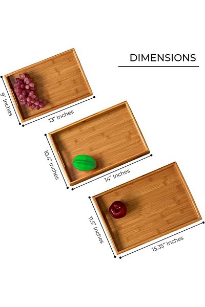 AWH Bamboo Tray Set – 3pc Wooden Serving Trays With Handles For Kitchen, Food & Outdoor Use