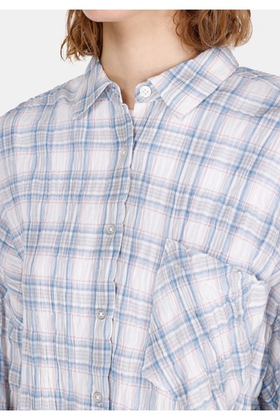 Colin's Relaxed Fit Shirt Neck Ekoseli Kadın Mavi Uzun Kol Gömlek