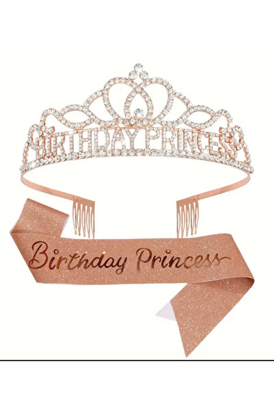 Çemrek Süs Parti Birthday prenses taç ve kuşak takımı rose renk