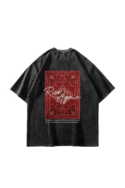 Sekizbiraltı Rise Again Printed Unisex Oversize Μαύρο T-Shirt - Πλένεται