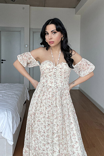Seda Yalçın Atelier Beige Floral Patterned Dress with Chest Handles