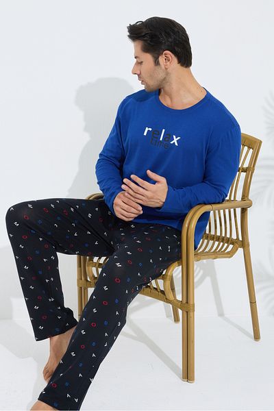Siyah İnci Saks Patterned Cotton Crew Neck Printed Long Sleeve Knitted Pajamas Set