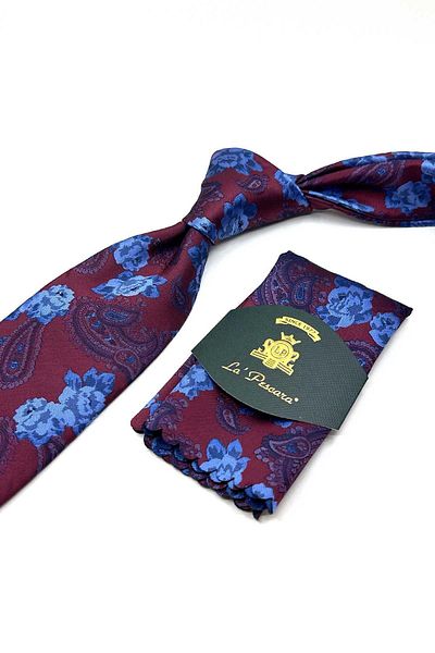Kravatkolik Claret Red Floral Pattern Classic Tie with Handkerchief Kk13144