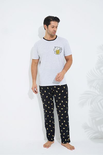 Siyah İnci Gray Patterned Cotton Crew Neck Short Sleeve Printed Knitted Pajama Set