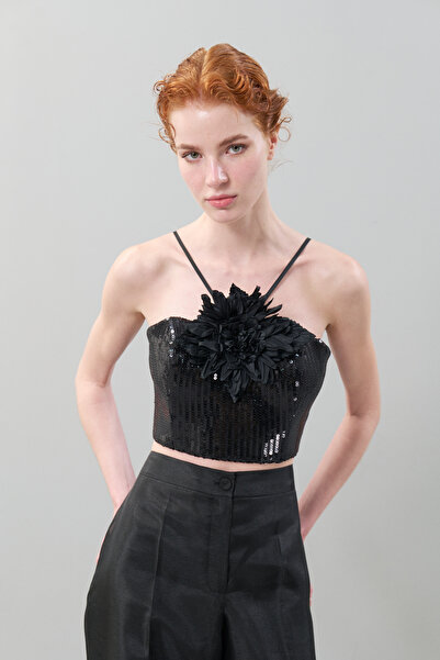 Roman Çıkarılabilir Çiçek Broşlu Payet Büstiyer Siyah K2514004_001