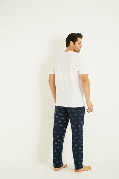 Siyah İnci Ecru Patterned Cotton Crew Neck Embroidered Short Sleeve Knitted Pajama Set