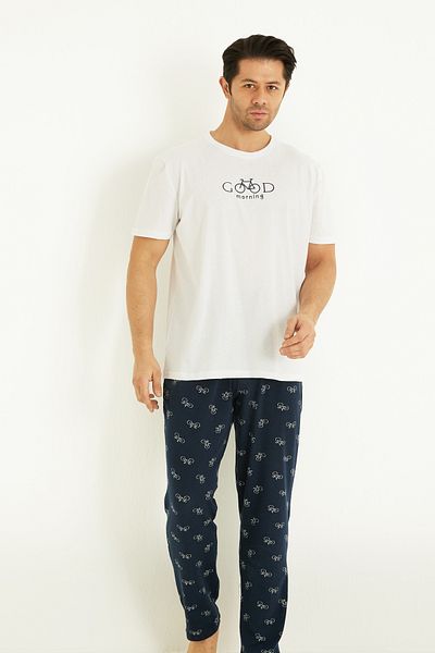Siyah İnci Ecru Patterned Cotton Crew Neck Embroidered Short Sleeve Knitted Pajama Set