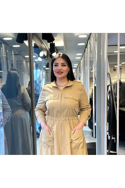 mardi exclusive Γυναικείο Μακρύ Βαμβακερό Φόρεμα Plus Size Slit Beige