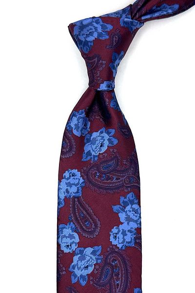 Kravatkolik Claret Red Floral Pattern Classic Tie with Handkerchief Kk13144