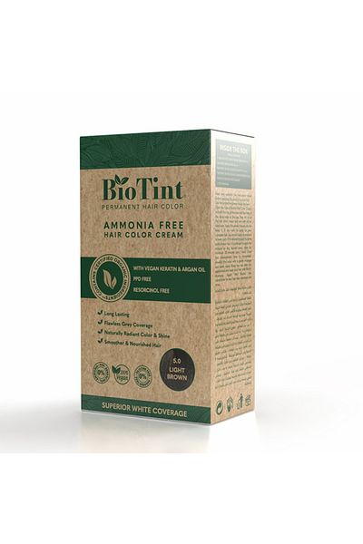 Biotint Permanent Hair Color (5.0 Light Brown) , Ammonia Free Hair Colour Cream, Vegan