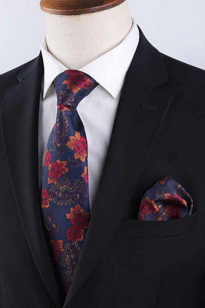 Kravatkolik Navy Blue Flower Pattern Classic Tie with Handkerchief Kk13141