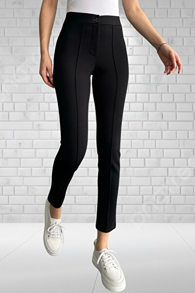 Maude Kadın Siyah Krep Kumaş Likralı  Çimalı Dar  Paça Sıkılıştırıcı  Pantolon