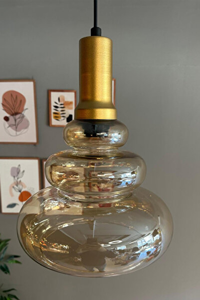 Bamyum Lily Cam Bal Rengi Tekli Avize Gold Fener Başlık Retro Sarkıt Lamba Restoran Salon Aydınlatma